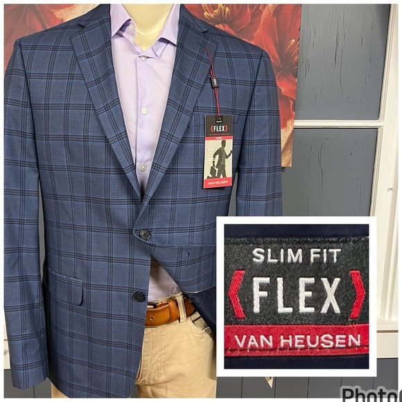 Van Heusen Blazer Jacket Sport Coat Mens 44R Slim Fit Polyester Stretch Blue